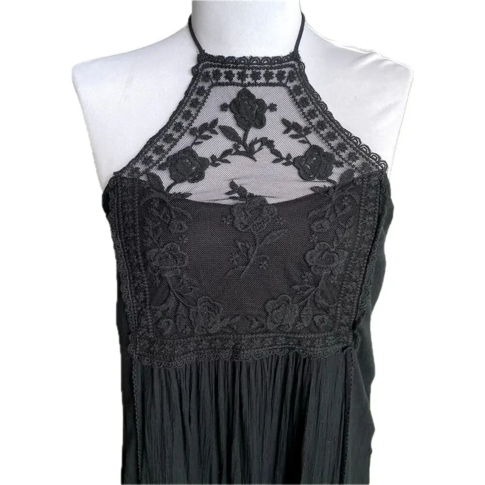ABERCROMBIE FITCH Y2K Halter Lace Maxi Dress Black‎ XS Oversized Fairy Boho Goth